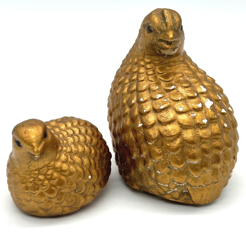 MCM Vintage Gold Chalkware Quail Bird Figurines Set 2 Mid Century Home Decor